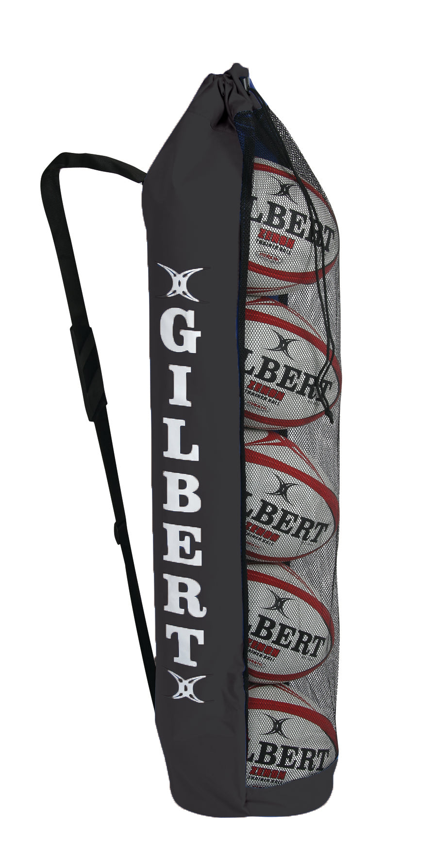 The Gilbert Rugby Ball Tube (5 Ball Bag) by Gilbert is a tall black bag with a shoulder strap, designed for convenient storage and transport of up to five rugby balls—ideal for carrying your essential training equipment.