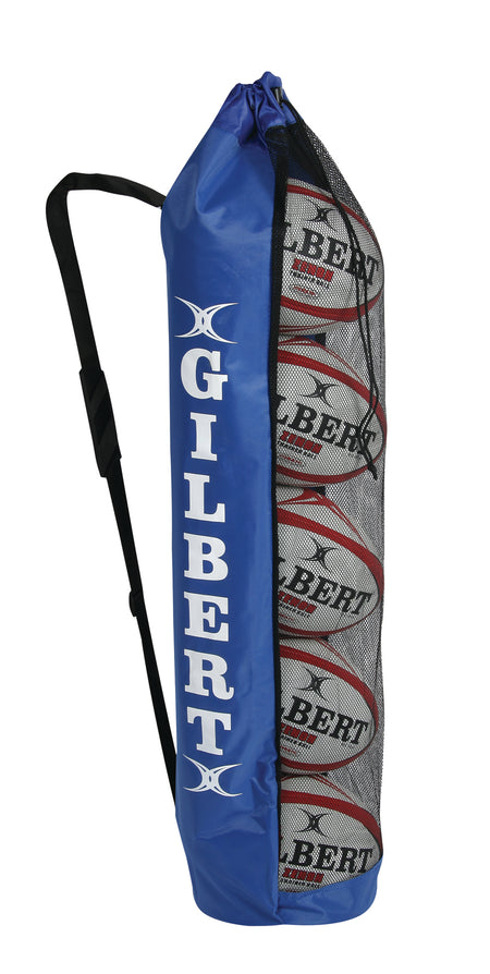 The Gilbert Rugby Ball Tube (5 Ball Bag) by Gilbert is a blue mesh sports bag with a shoulder strap, designed to hold up to five rugby balls—great for carrying your rugby training equipment and showcasing the ball designs through the mesh panel.