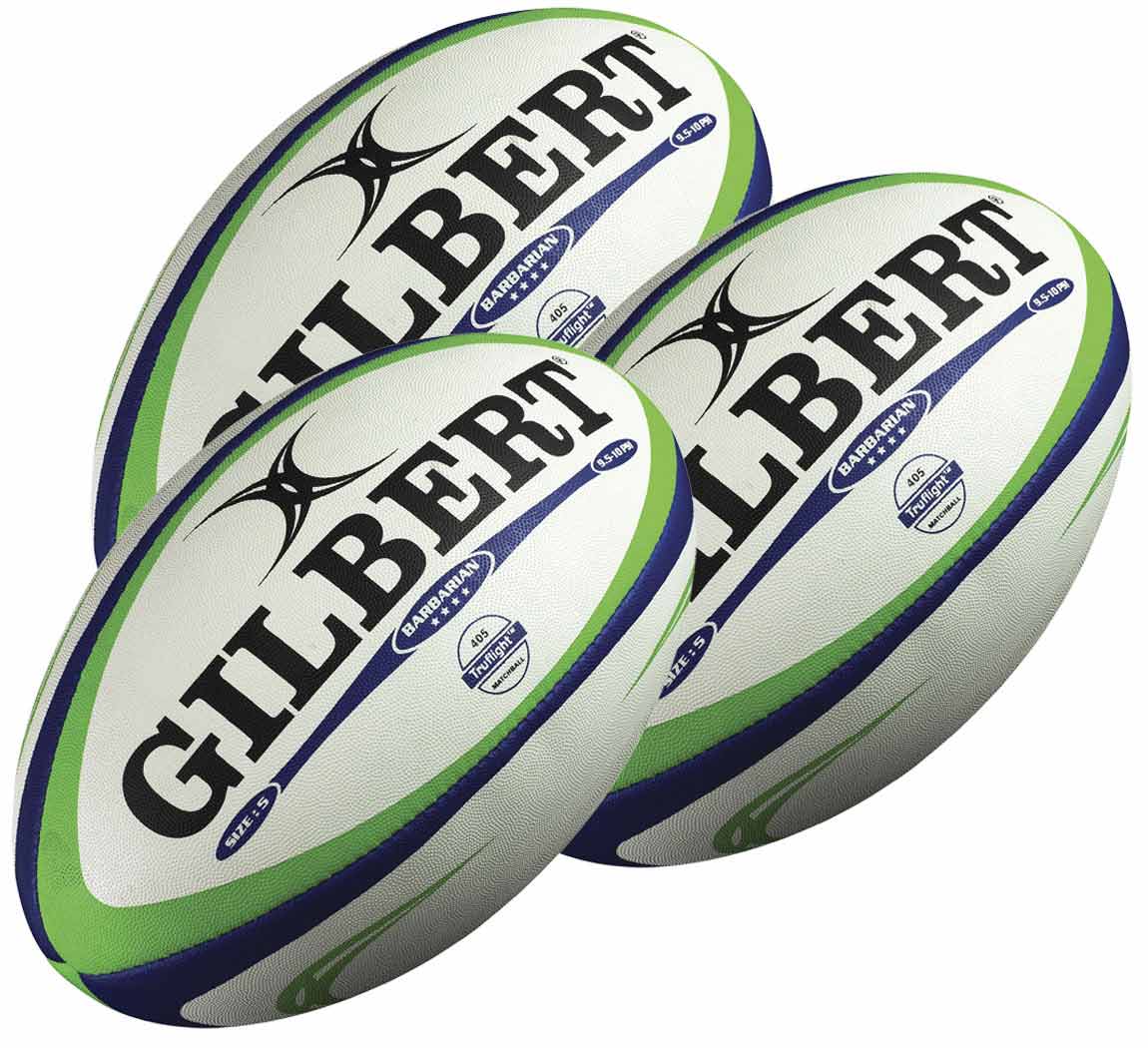 A pack of three Gilbert Barbarian 2.0 Match Rugby Balls (size 5), featuring blue and green stripes with "GILBERT" printed in bold black letters, are grouped together.