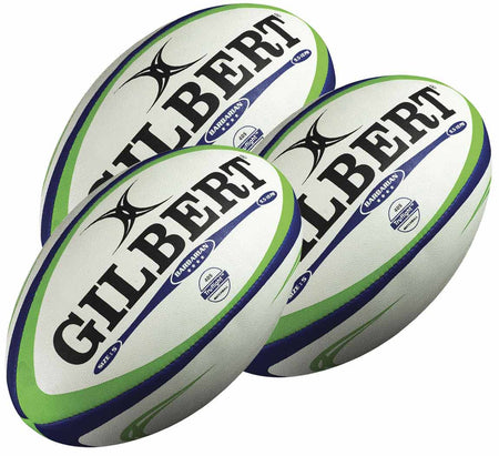 A pack of three Gilbert Barbarian 2.0 Match Rugby Balls (size 5), featuring blue and green stripes with "GILBERT" printed in bold black letters, are grouped together.