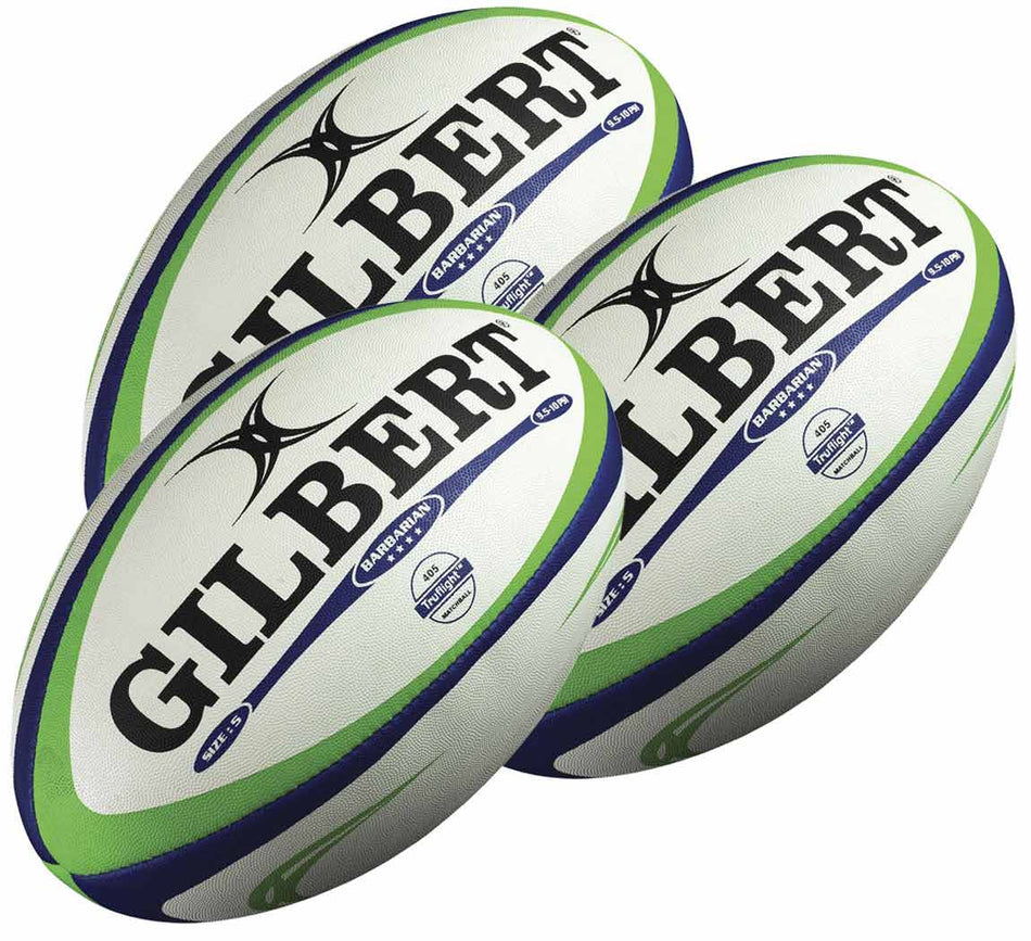 A pack of three Gilbert Barbarian 2.0 Match Rugby Balls (size 5), featuring blue and green stripes with "GILBERT" printed in bold black letters, are grouped together.