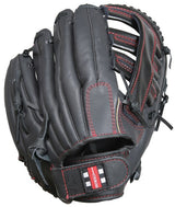 The Gray Nicolls Baseball/Fielders Glove by Gray Nicolls features black leather with red stitching, a partially open web, and a visible wrist strap—ideal for coaches during fielding drills.