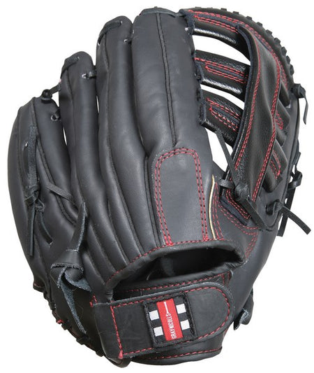 The Gray Nicolls Baseball/Fielders Glove by Gray Nicolls features black leather with red stitching, a partially open web, and a visible wrist strap—ideal for coaches during fielding drills.