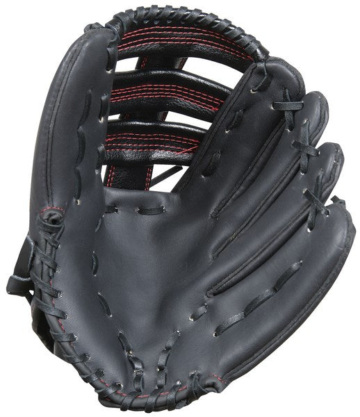 A new Gray Nicolls Baseball/Fielders Glove in black with red stitching is shown open to reveal its pocket and webbing—ideal for coaches running fielding drills.