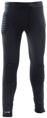 The Precision Training Precision Padded Baselayer G K Trousers Adult are black, form-fitting sports trousers with hip and knee padding for extra safety and comfort during athletic activities.