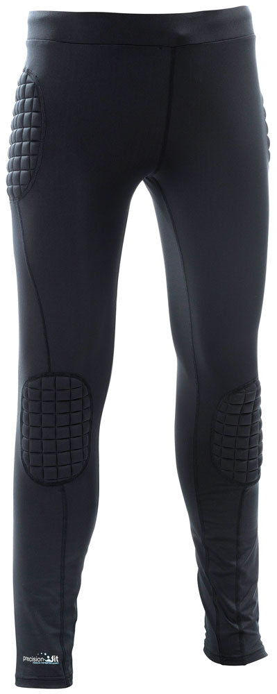 The Precision Training Precision Padded Baselayer G K Trousers Adult are black, form-fitting sports trousers with hip and knee padding for extra safety and comfort during athletic activities.