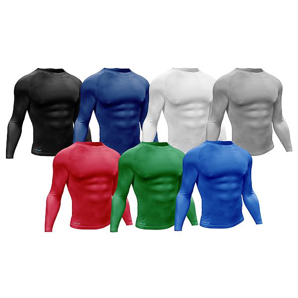 Seven Precision Training Precision Essential Baselayer Long Sleeve Shirts in black, red, blue, green, white, gray, and light blue are displayed on muscular models against a white background.