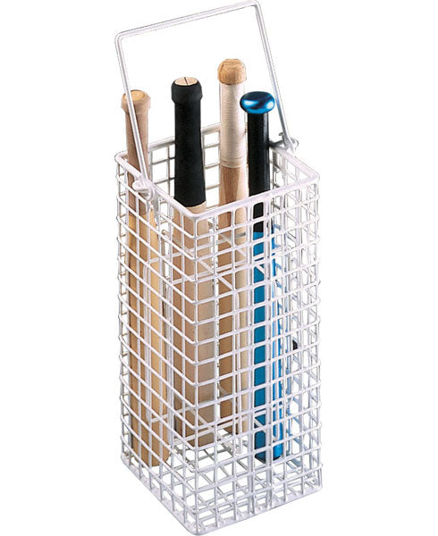 The Aresson Rounders Stick Basket is a white, plastic-coated steel mesh basket with a handle, designed to hold up to five rounders sticks upright for convenient sports equipment storage.