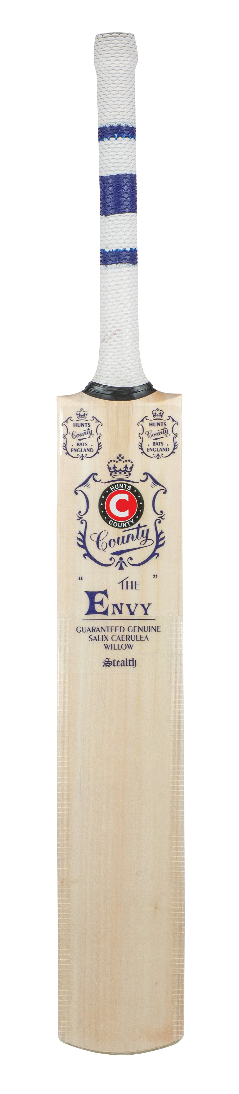 The Hunts County Envy Stealth Junior Cricket Bat features a high spine, reinforced blade protection, a white grip-taped handle, and blue and red branding with "County" and "ENVY" labels for enhanced durability.
