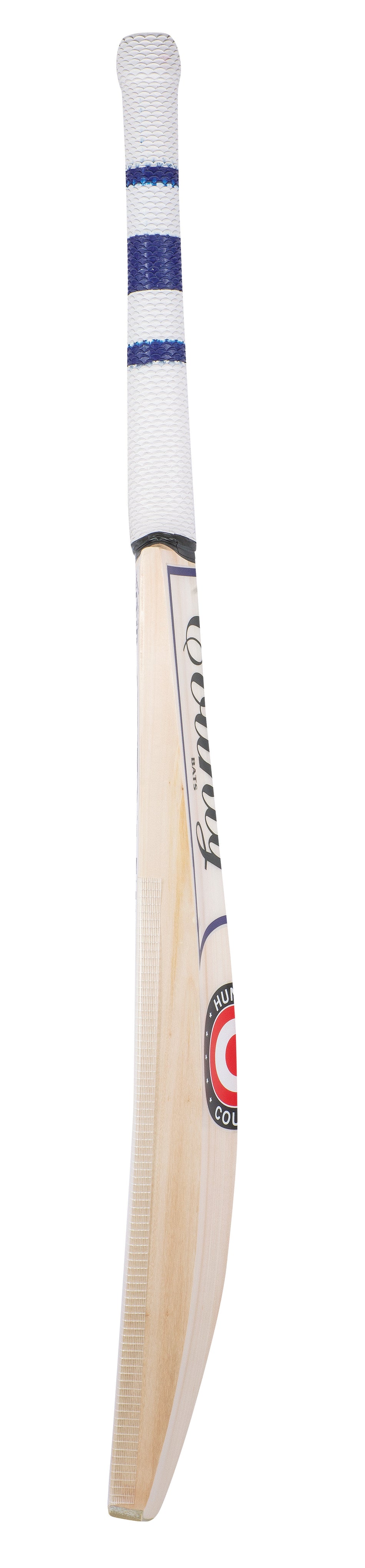 The Hunts County Envy Stealth Junior Cricket Bat features a high spine, curved blade, white handle with blue-striped grip tape, printed branding, and an aqua grip toe guard for enhanced performance.