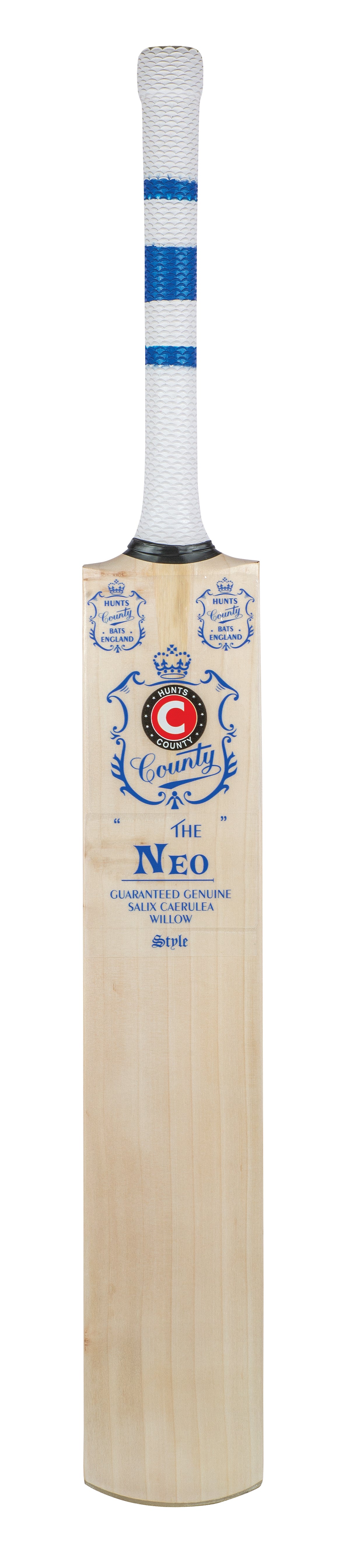 The Hunts County Neo Senior Cricket Bat is a lightweight performance bat with blue and white branding, a reinforced blade, blue-striped wrapped handle, and “County” and “The Neo” printed on the front.