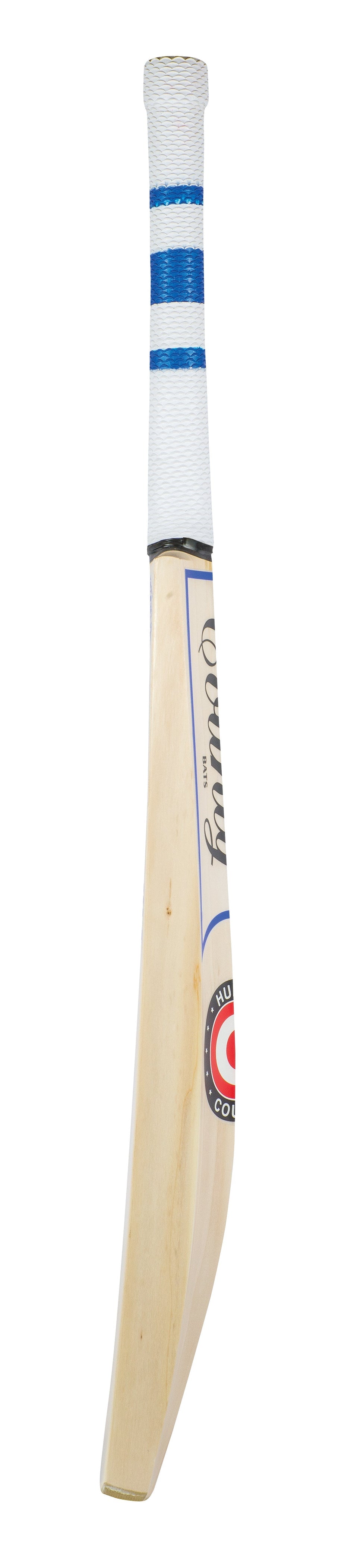 The Hunts County Neo Senior Cricket Bat by Hunts County features a lightweight design, a white handle with a white grip and two blue stripes, plus a branded front sticker. Pictured upright against a white background.