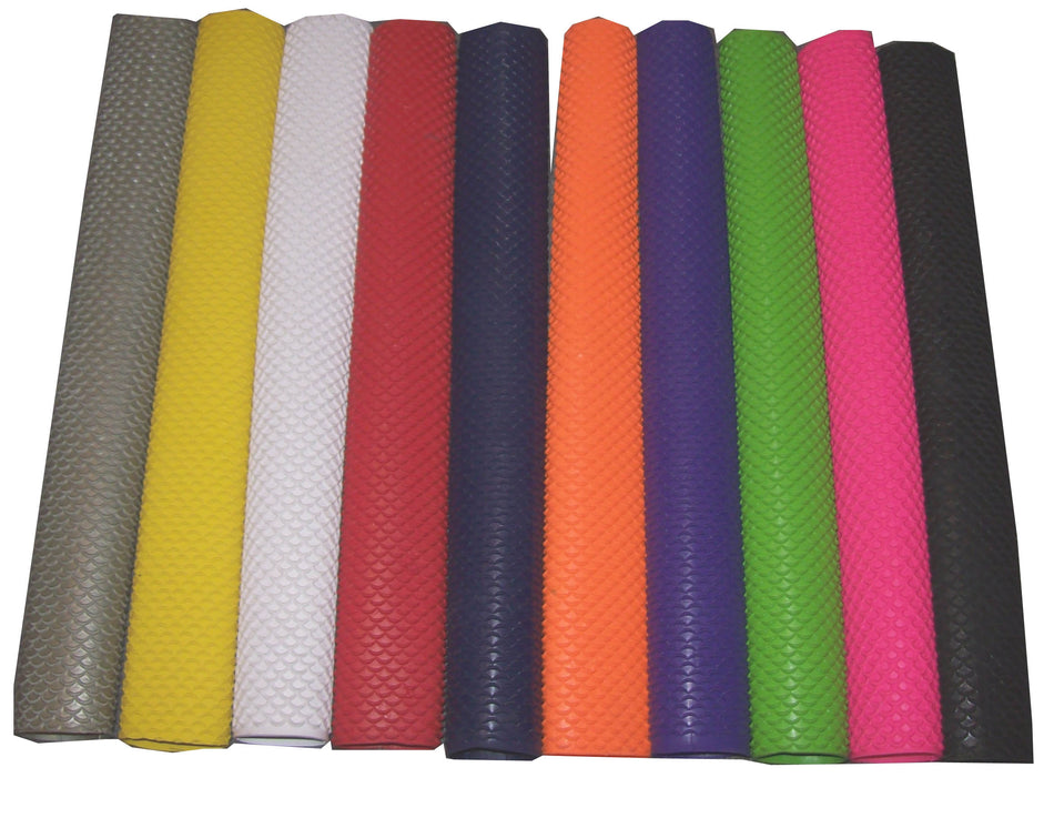 Ten Hunts County Wave Rubber Bat Grips in gray, yellow, white, red, maroon, orange, purple, blue, pink, and black are lined up vertically on a white background—ideal for Hunts County cricket bat grip replacements.