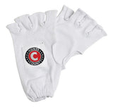 A pair of Hunts County Fingerless Cotton Inners in white, each featuring the brand’s logo patch with a red "C" and black stars.