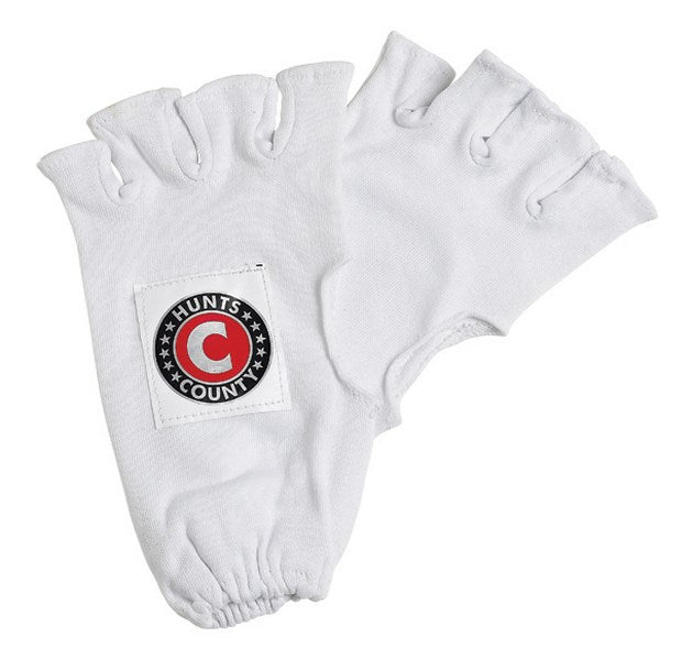 A pair of Hunts County Fingerless Cotton Inners in white, each featuring the brand’s logo patch with a red "C" and black stars.