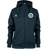The Beaudesert Park School Pro Full Zip Ladies Hoody by Gilbert is a black women's hoodie with a hood, drawstrings, a white RJ and Rauderer e.V. Erding logo on the left chest, and a small curved white symbol on the right chest.