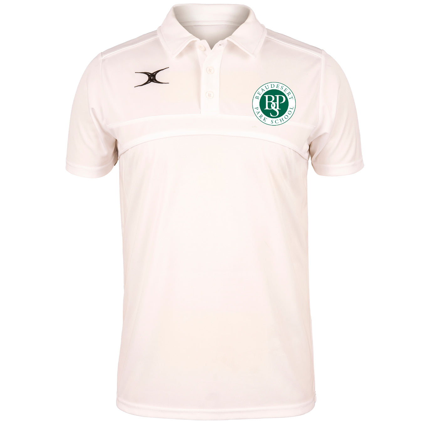 The Beaudesert Park School Photon Polo Shirt by Gilbert is a white short-sleeve polo with a collar, featuring the school's green and white circular badge on the left chest, a black sports logo on the right, and built-in Moisture Control for comfort.