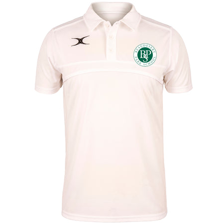 The Beaudesert Park School Photon Polo Shirt by Gilbert is a white short-sleeve polo with a collar, featuring the school's green and white circular badge on the left chest, a black sports logo on the right, and built-in Moisture Control for comfort.