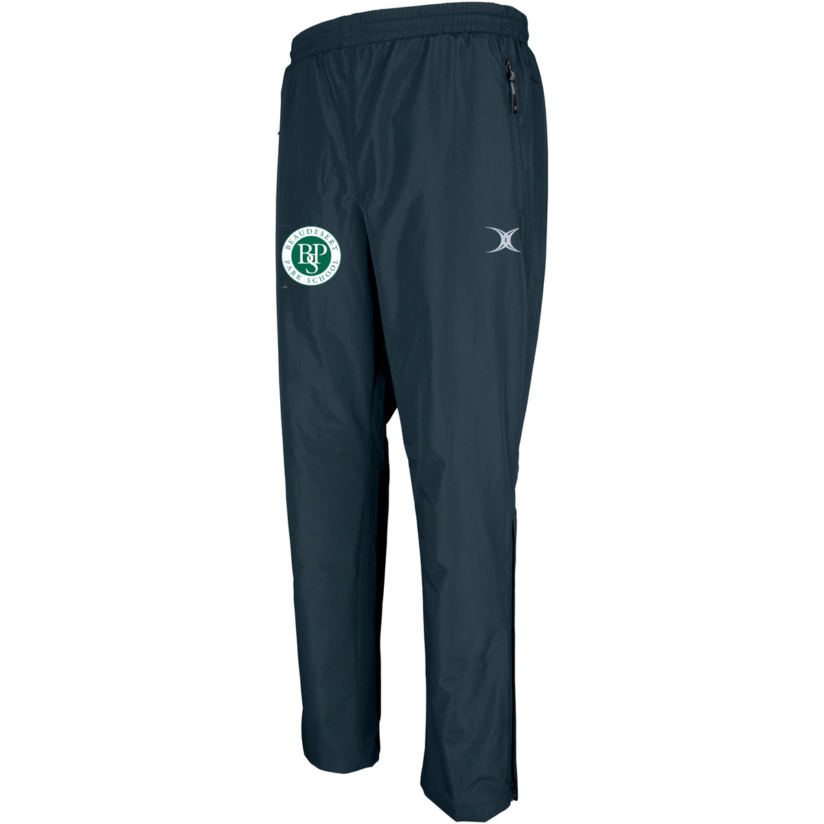 The Gilbert Beaudesert Park School Pro All-Weather Trouser is navy blue with an elastic waistband, side zipper pocket, BP circular logo on the left thigh, and a small white Gilbert logo on the right thigh—ideal for school activities.