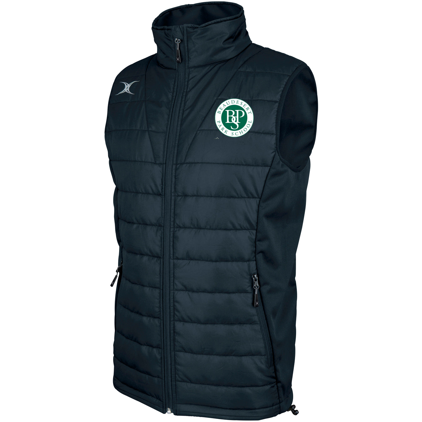 The Gilbert Beaudesert Park School Pro Body Warmer is a black, sleeveless, quilted vest made from breathable technical fabric with a high collar, zipped pockets, and two embroidered school logos for the perfect extra layer.