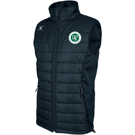 The Gilbert Beaudesert Park School Pro Body Warmer is a black, sleeveless, quilted vest made from breathable technical fabric with a high collar, zipped pockets, and two embroidered school logos for the perfect extra layer.