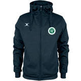 The Gilbert Beaudesert Park School Pro Full Zip Hoody features a hood with two drawstrings, a white logo on the right chest, a circular green and white Beaudesert Park crest on the left, and is made from moisture-wicking fabric for comfort.