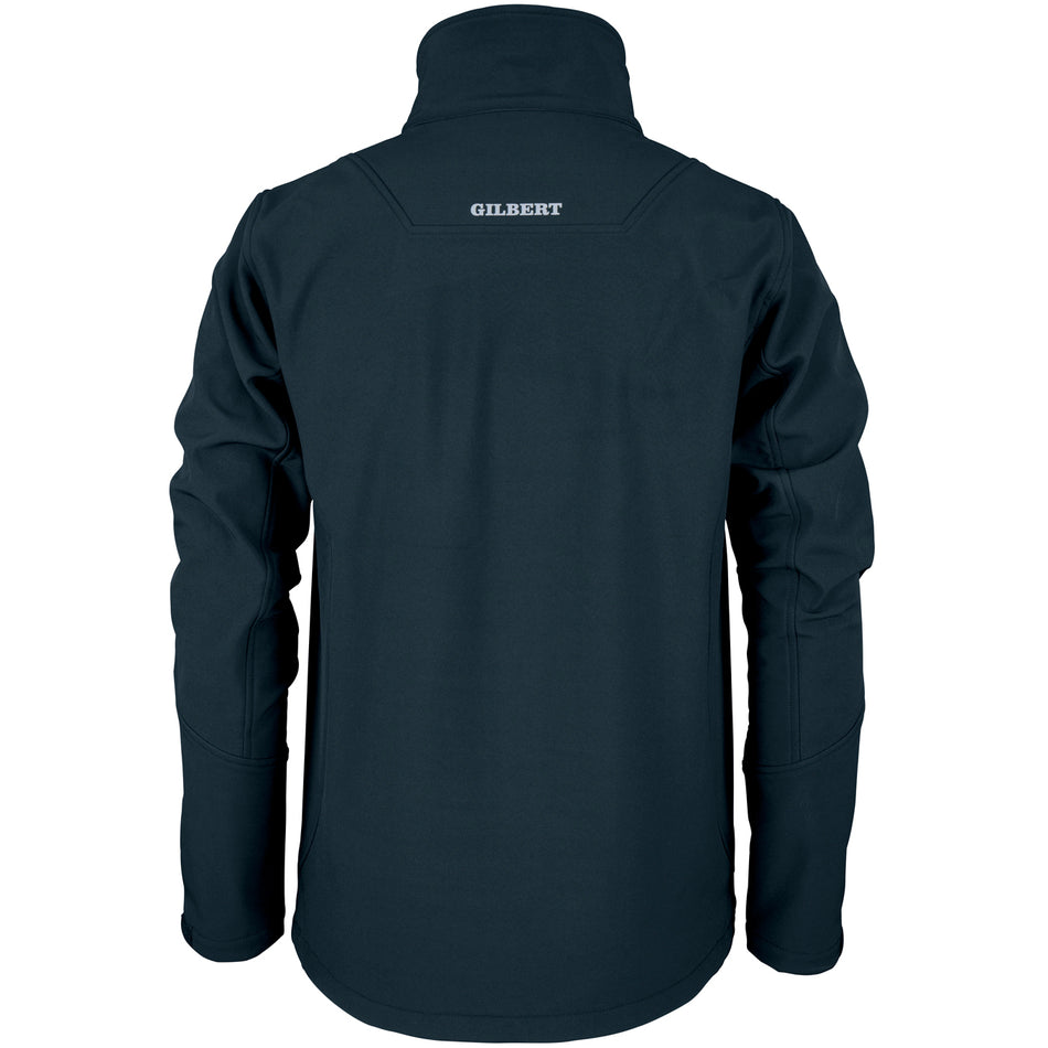 The Gilbert Beaudesert Park School Pro Soft Shell Full Zip Jacket is a dark, water-repellent jacket with long sleeves and "GILBERT" printed in white across the upper back below the collar—ideal for outdoor use.