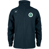 The Gilbert Beaudesert Park School Pro Soft Shell Full Zip Jacket is dark blue, water repellent, with a high collar and two front pockets. Features the school's circular green and white logo on the left chest and a white emblem on the right shoulder.