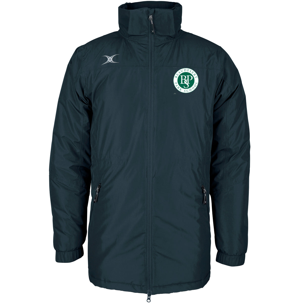 The Gilbert Beaudesert Park School Pro All-Weather Jacket is a long, dark green padded coat with a high collar, zip front, and two zip pockets. It features the school’s circular crest on the left chest and a white logo on the right shoulder.