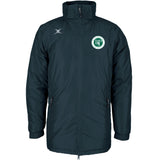 The Gilbert Beaudesert Park School Pro All-Weather Jacket is a long, dark green padded coat with a high collar, zip front, and two zip pockets. It features the school’s circular crest on the left chest and a white logo on the right shoulder.