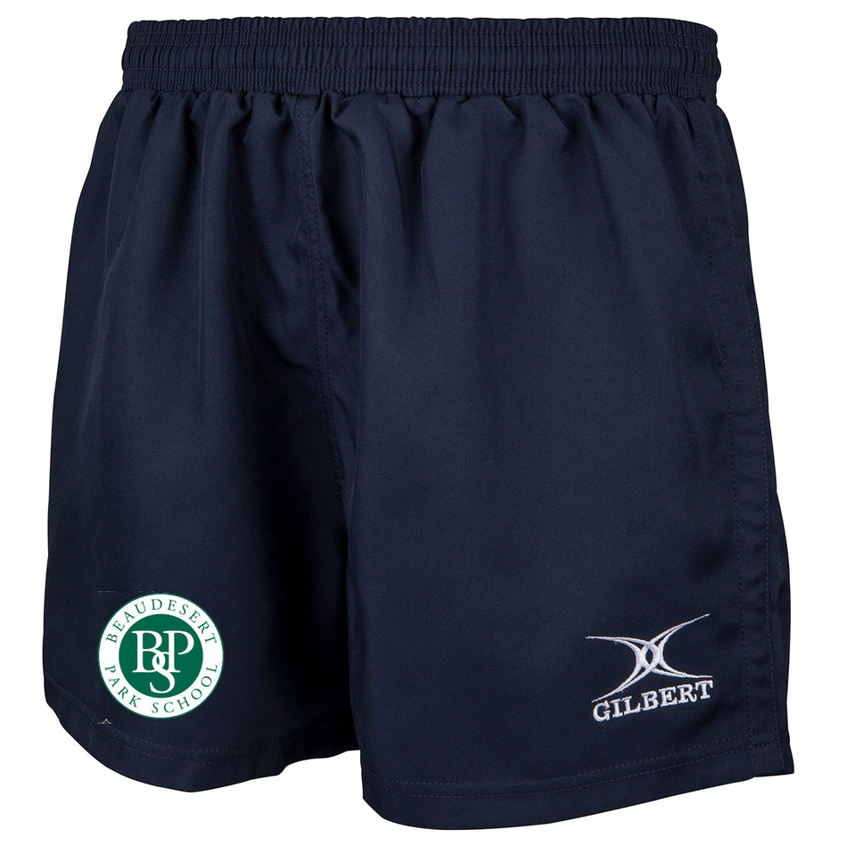 The Beaudesert Park School Saracen Short by Gilbert is a navy blue, lightweight sports short with an elastic waistband, school logo on the left leg, and Gilbert logo on the right—perfect rugby shorts for active students.
