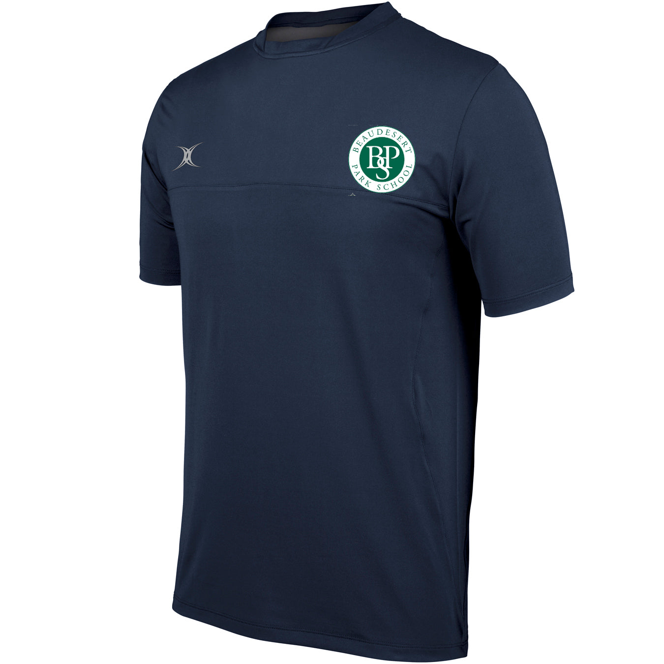 The Gilbert Beaudesert Park School Pro Tech T-Shirt is navy blue, short-sleeved, with a round neck, features the school logo on the left chest, a small silver emblem on the right, and built-in moisture management for comfort.