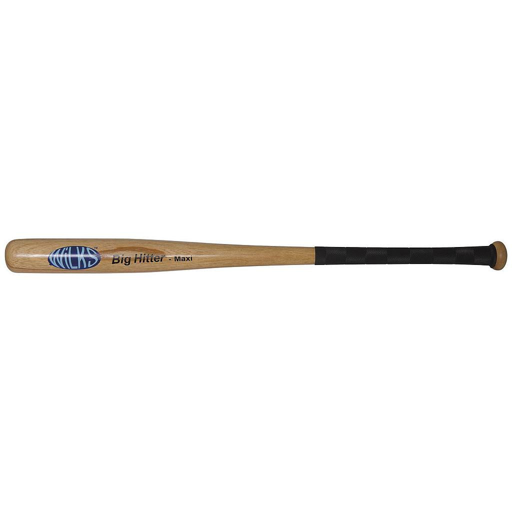 The Wilks Big Hitter Maxi Softball Bat is a 34-inch hardwood bat featuring a black non-slip grip and the words "Big Hitter Maxi" printed near the barrel.