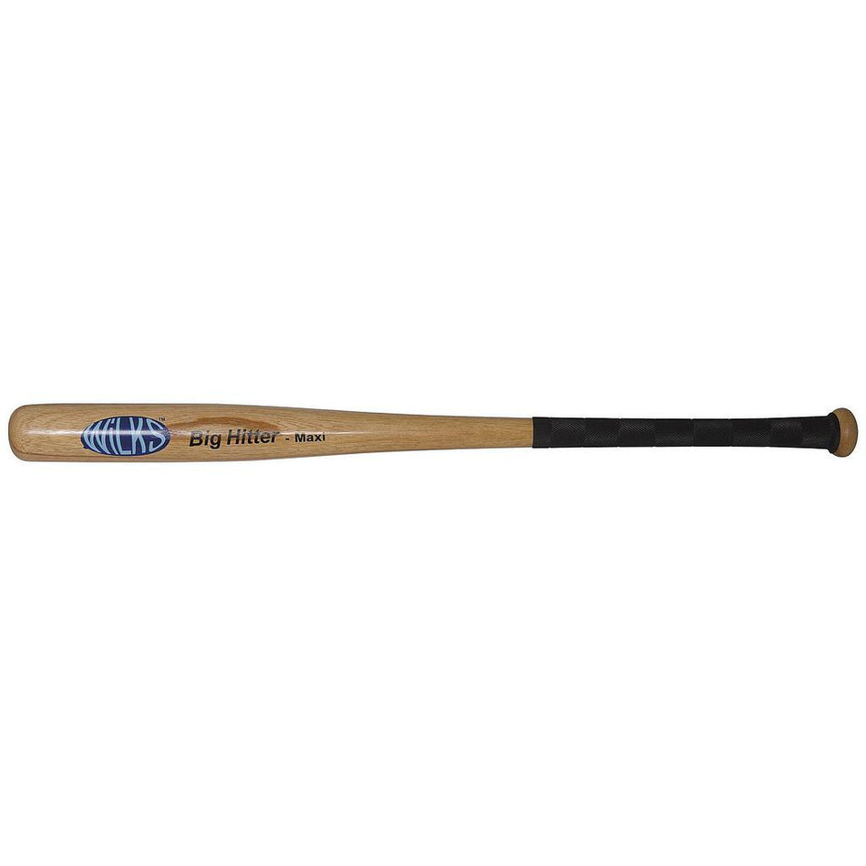 The Wilks Big Hitter Maxi Softball Bat is a 34-inch hardwood bat featuring a black non-slip grip and the words "Big Hitter Maxi" printed near the barrel.
