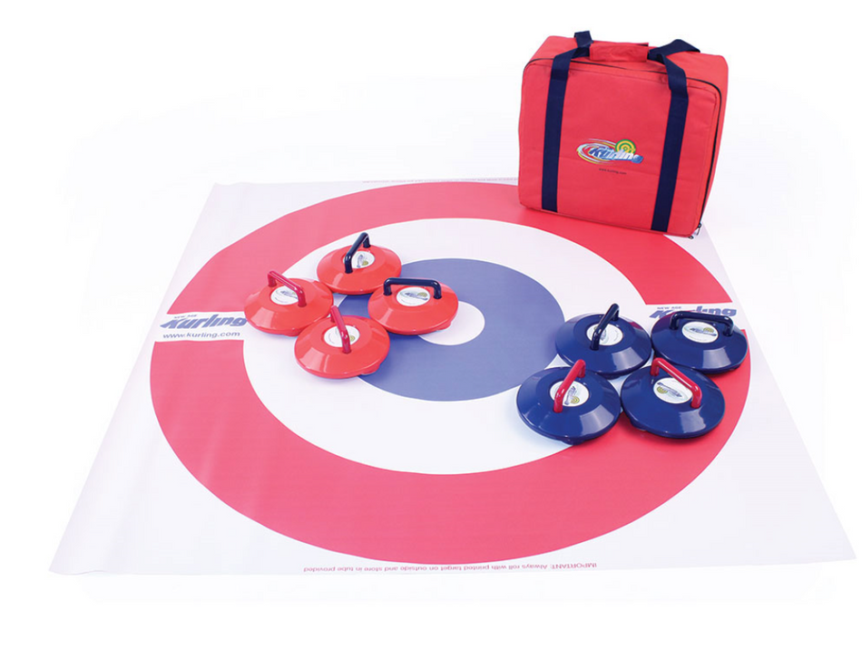 The Mastersport New Age Kurling Game Set includes a Kurling Target Mat, four red stones, four blue stones, and a red carrying case, all displayed on a white background.