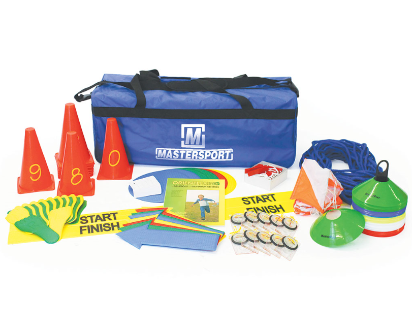The Mastersport Official British Orienteering Outward Bound Equipment Kit features a blue duffel bag and essentials like cones, numbered yellow cards, markers, medals, ropes, flags, and educational compasses for event organization.