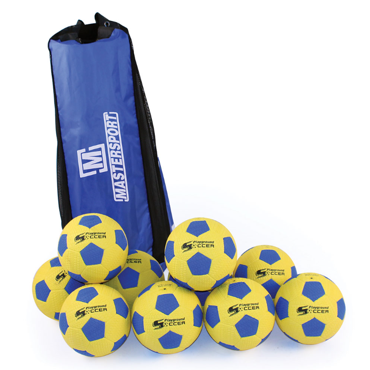 A blue Mastersport bag stands upright behind a pile of ten yellow and blue Playground Soccer Balls, each labeled Preferred Soccer.