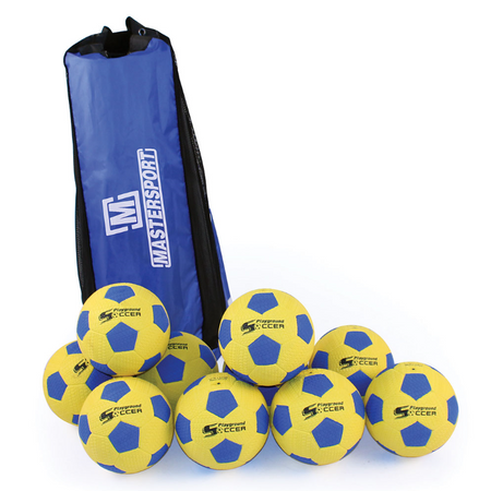 A blue Mastersport bag stands upright behind a pile of ten yellow and blue Playground Soccer Balls, each labeled Preferred Soccer.