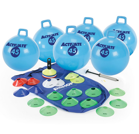 The Mastersport Activate Space Hopper Race Kit includes five blue ACTIVATE 45 space hoppers with handles, colorful markers, an air pump, and a blue BISHOP carry bag, all neatly arranged together.