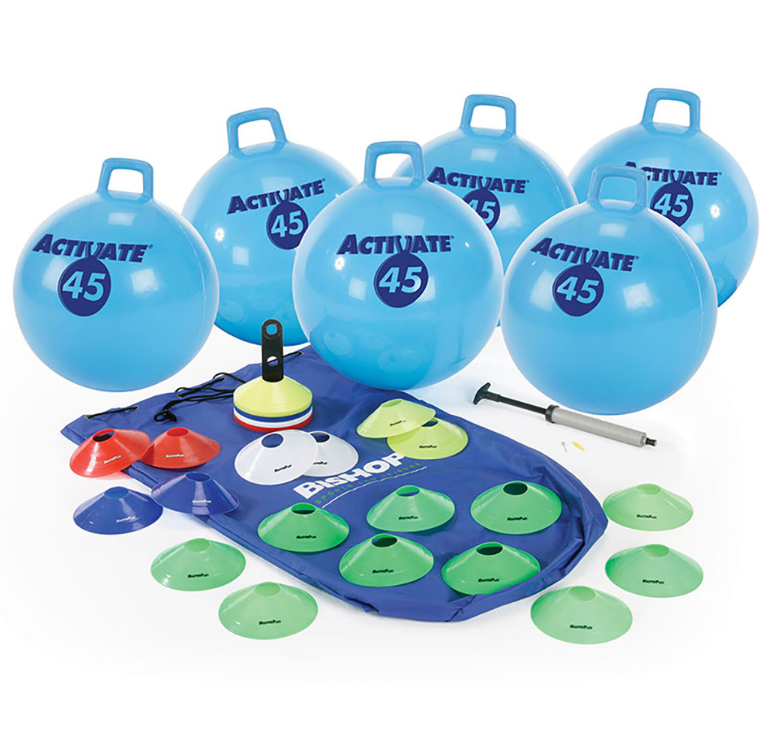 The Mastersport Activate Space Hopper Race Kit includes five blue ACTIVATE 45 space hoppers with handles, colorful markers, an air pump, and a blue BISHOP carry bag, all neatly arranged together.