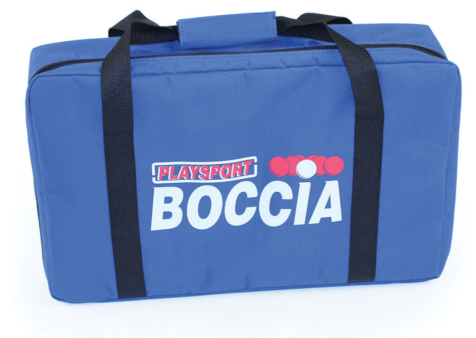 The Mastersport Playsport Boccia Set with Carry Bag includes a blue, rectangular PVC case with black straps, labeled in white, and featuring red and white circle designs. Ideal for carrying Boccia balls; suitable for all ages and abilities.