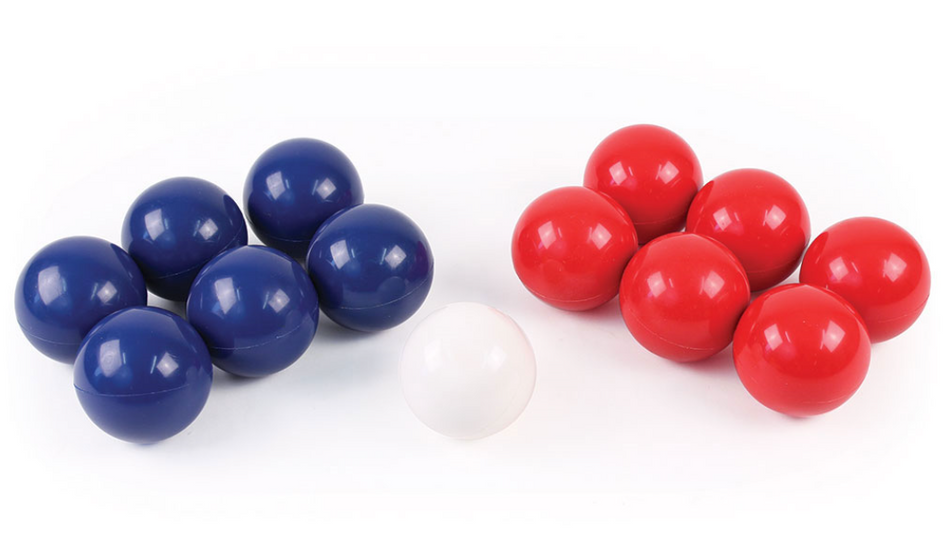 The Mastersport Playsport Boccia Set with Carry Bag features seven blue balls on the left, seven red on the right, and a white PVC ball in the center—all against a white background. Great for all ages and abilities.