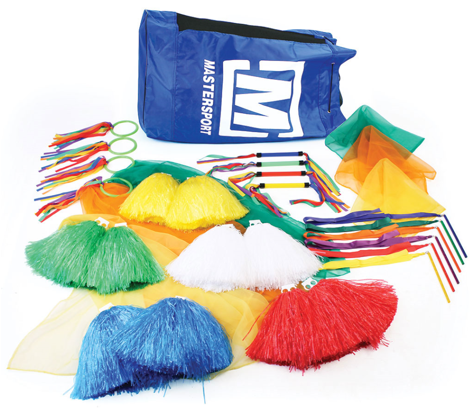 The Mastersport Visual Movement Kit, featuring a blue bag and vibrant props like pom-poms, scarves, wrist ribbons, and green wristbands, creates striking visual displays on a white surface.