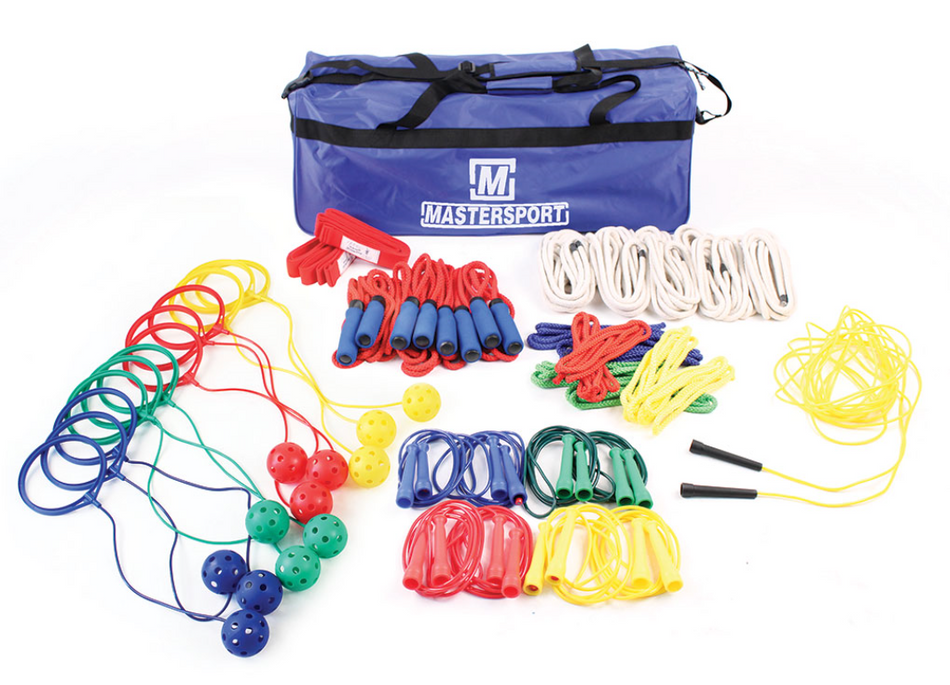 The Deluxe Skipping Class Kit by Mastersport features a blue duffel bag with skipping ropes, plastic rings, rope loops, and hole-punched balls in red, yellow, green, and blue—perfect for inspiring exercise awareness.