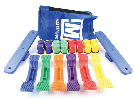 The Mastersport Balancing Kit features colorful beams and stepping stones in blue, purple, green, yellow, orange, and red to develop balance and skills, with a blue Mastersport carrying bag visible in the background.