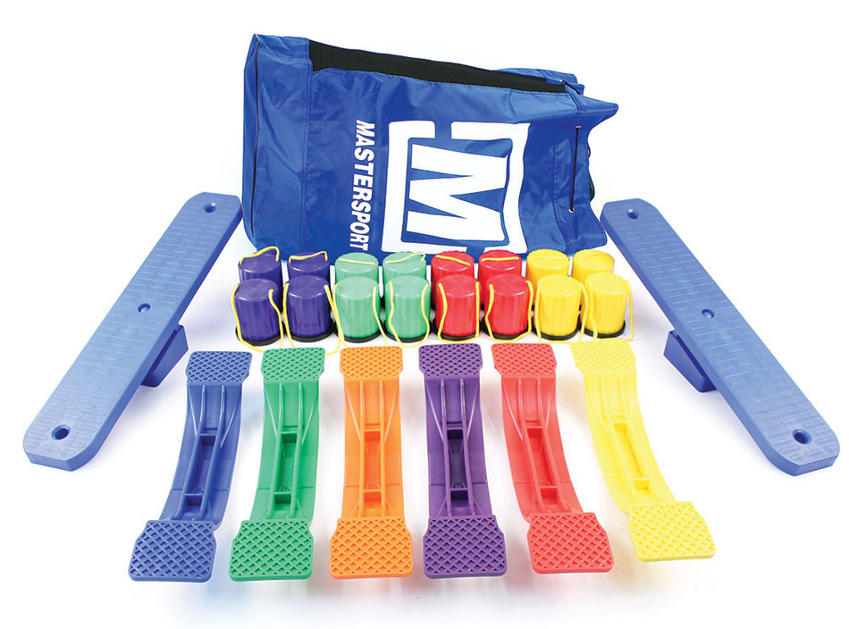 The Mastersport Balancing Kit features colorful beams and stepping stones in blue, purple, green, yellow, orange, and red to develop balance and skills, with a blue Mastersport carrying bag visible in the background.