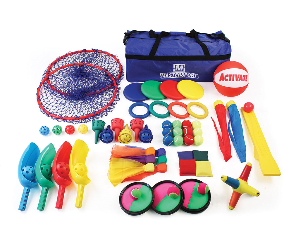 The Mastersport Throw And Catch Kit features colourful nets, discs, balls, scoops, beanbags, catch paddles, and a blue duffel bag—perfect for ball games and skill-building activities—neatly arranged on a white background.