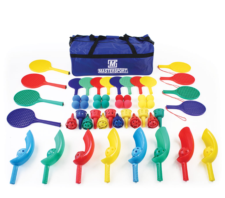 The Mastersport Racket Skills Set features a blue bag and colorful equipment—plastic paddles, scoop ball sets, balls, and rings in red, yellow, blue, and green—neatly arranged on a white background.