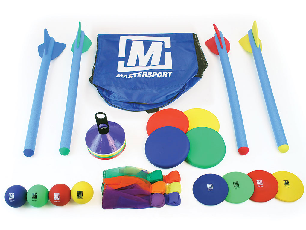 The Mastersport Throwing Kit includes foam rockets, cones, discs, bean bags, balls, and scarves around a blue carrying bag—ideal for developing throwing skills.