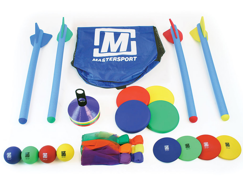 The Mastersport Throwing Kit includes foam rockets, cones, discs, bean bags, balls, and scarves around a blue carrying bag—ideal for developing throwing skills.